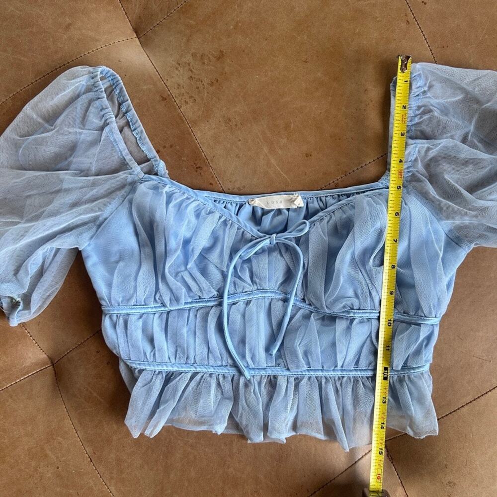 Fairy Milkmaid Mesh Babydoll Crop Top Puff Sleeve Romantic Blue Coquette S - Picture 6 of 10